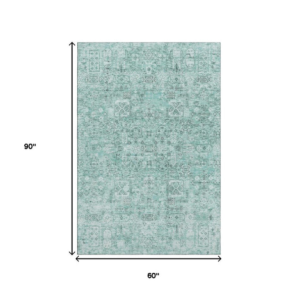 HomeRoots 5' X 8' Teal And Ivory Floral Area Rug - Durable, Stain Resistant, UV Protected for Everyday Use 651216