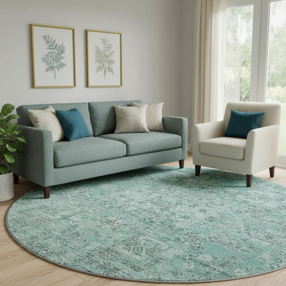 HomeRoots 8' Teal and Ivory Floral Round Rug - Durable, Washable, UV-Protected Decor for Living Spaces 651217