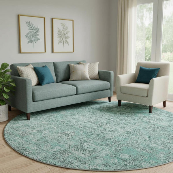 HomeRoots 8' Teal and Ivory Floral Round Rug - Durable, Washable, UV-Protected Decor for Living Spaces 651217