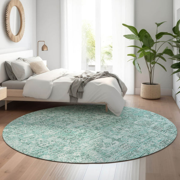 HomeRoots 8' Teal and Ivory Floral Round Rug - Durable, Washable, UV-Protected Decor for Living Spaces 651217