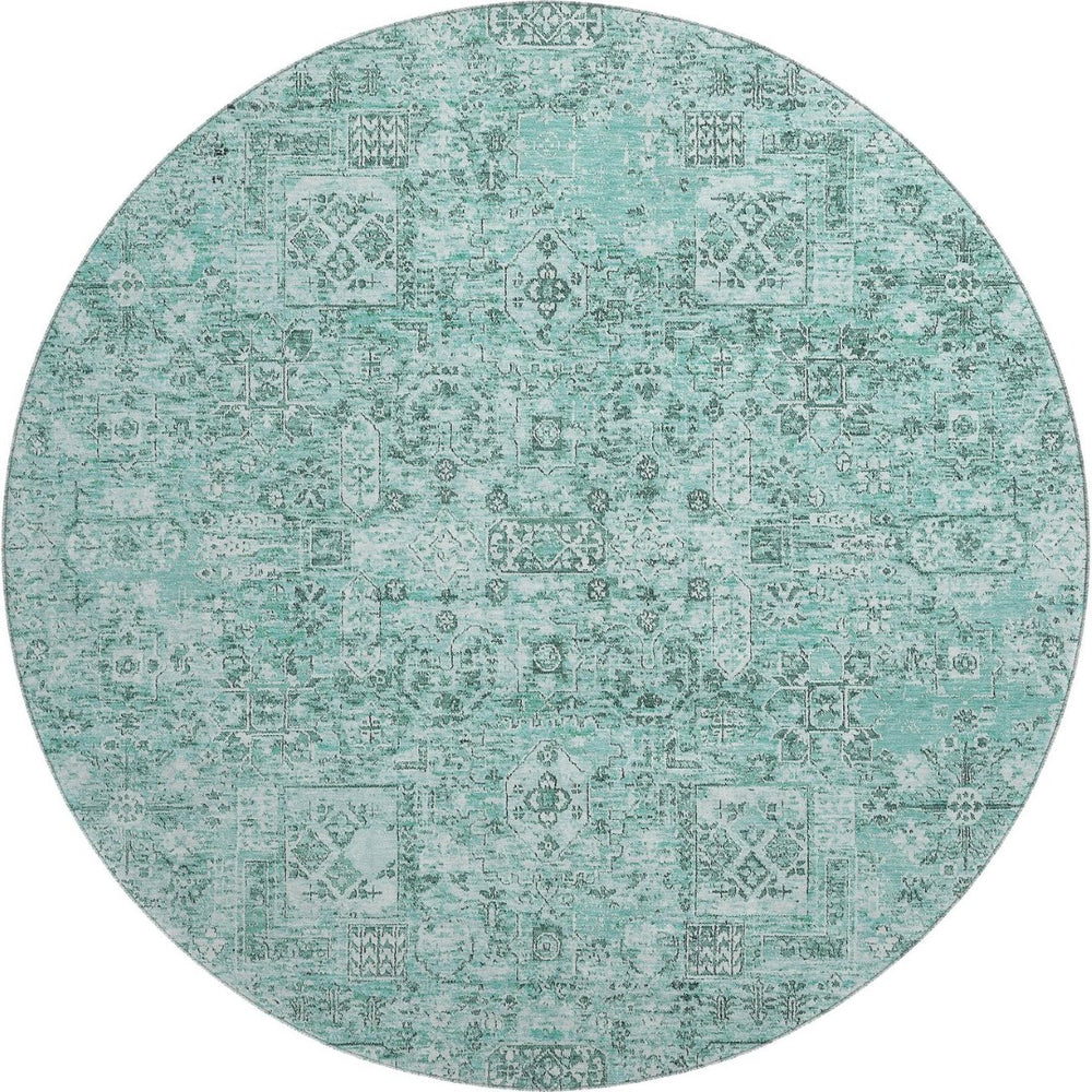 HomeRoots 8' Teal and Ivory Floral Round Rug - Durable, Washable, UV-Protected Decor for Living Spaces 651217