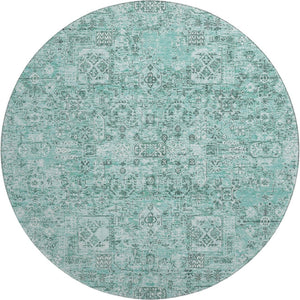 HomeRoots 8' Teal and Ivory Floral Round Rug - Durable, Washable, UV-Protected Decor for Living Spaces 651217