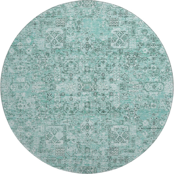 HomeRoots 8' Teal and Ivory Floral Round Rug - Durable, Washable, UV-Protected Decor for Living Spaces 651217