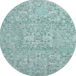 HomeRoots 8' Teal and Ivory Floral Round Rug - Durable, Washable, UV-Protected Decor for Living Spaces 651217