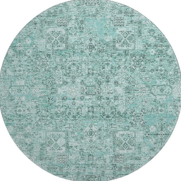 HomeRoots 8' Teal and Ivory Floral Round Rug - Durable, Washable, UV-Protected Decor for Living Spaces 651217