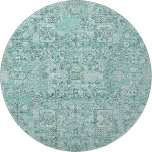 HomeRoots 8' Teal and Ivory Floral Round Rug - Durable, Washable, UV-Protected Decor for Living Spaces 651217