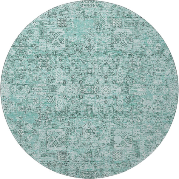 HomeRoots 8' Teal and Ivory Floral Round Rug - Durable, Washable, UV-Protected Decor for Living Spaces 651217