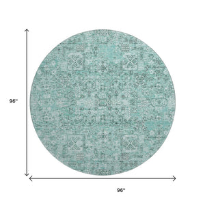 HomeRoots 8' Teal and Ivory Floral Round Rug - Durable, Washable, UV-Protected Decor for Living Spaces 651217