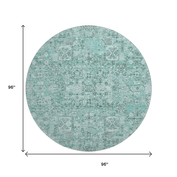 HomeRoots 8' Teal and Ivory Floral Round Rug - Durable, Washable, UV-Protected Decor for Living Spaces 651217