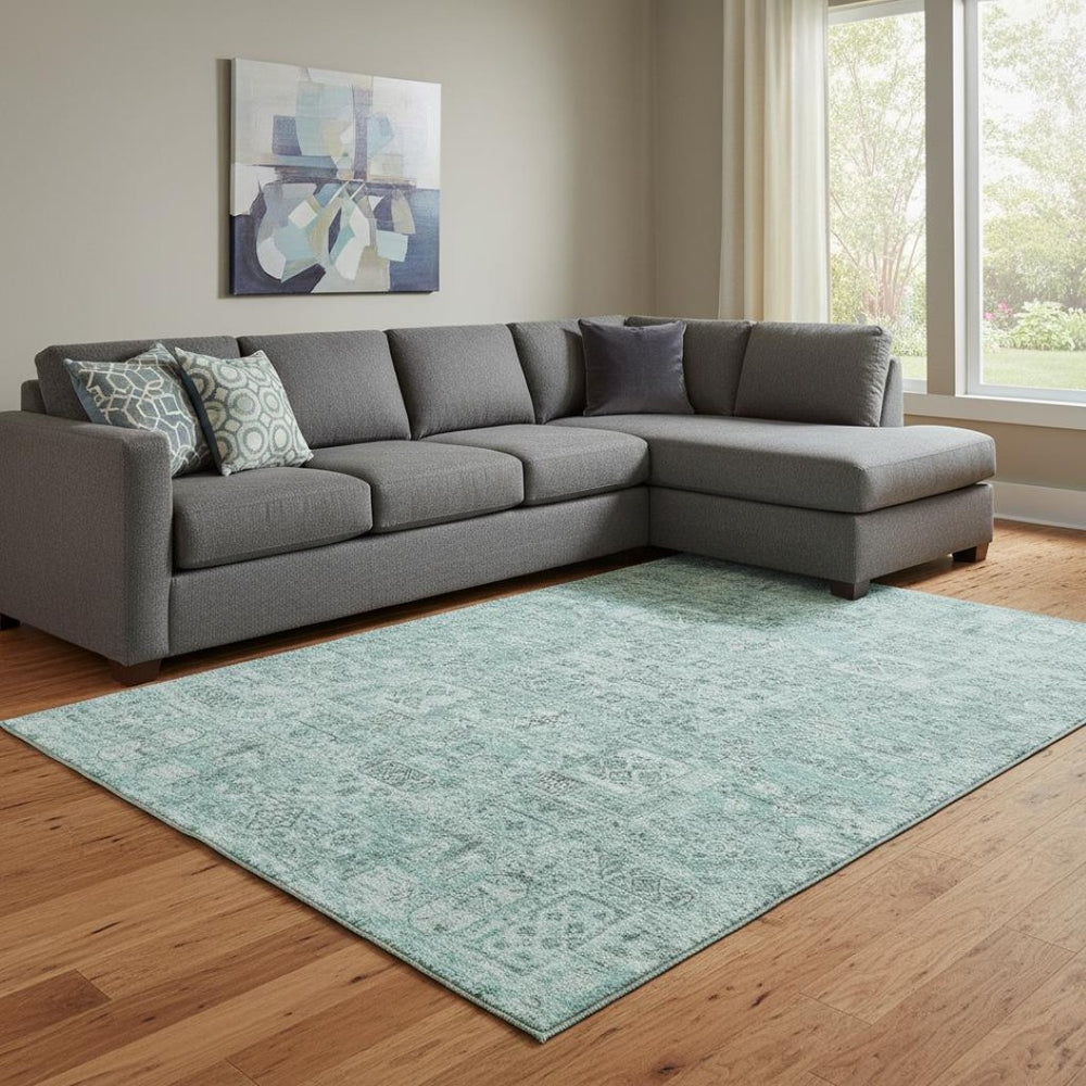 HomeRoots 8' X 10' Teal & Ivory Floral Area Rug - Washable, Stain Resistant, UV Protected, Perfect for Homes 651218