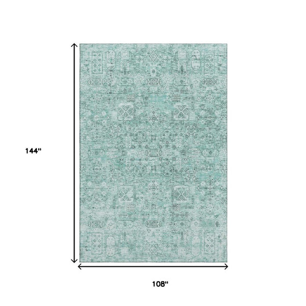 HomeRoots 9' X 12' Teal and Ivory Floral Area Rug - Durable, Washable, UV-Protected for High-Traffic Spaces 651219