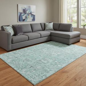 HomeRoots 9' X 12' Teal and Ivory Floral Area Rug - Durable, Washable, UV-Protected for High-Traffic Spaces 651219