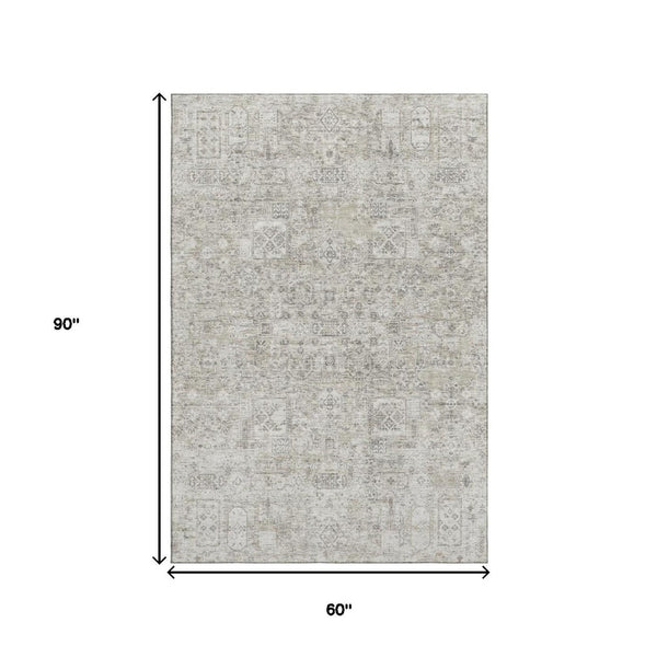 HomeRoots 5' X 8' Floral Taupe & Ivory Washable Area Rug with UV Protection for Family-Friendly Spaces 651222