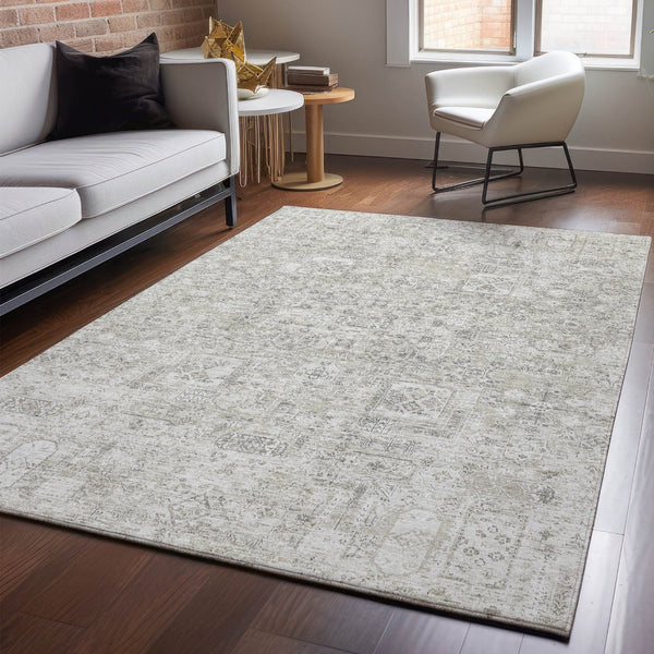 HomeRoots 5' X 8' Floral Taupe & Ivory Washable Area Rug with UV Protection for Family-Friendly Spaces 651222