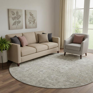 HomeRoots 8' Taupe and Ivory Floral Round Rug - Washable, Stain Resistant, UV Protected for High Traffic Areas 651223
