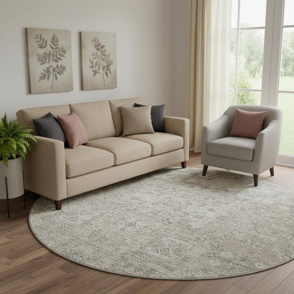 HomeRoots 8' Taupe and Ivory Floral Round Rug - Washable, Stain Resistant, UV Protected for High Traffic Areas 651223