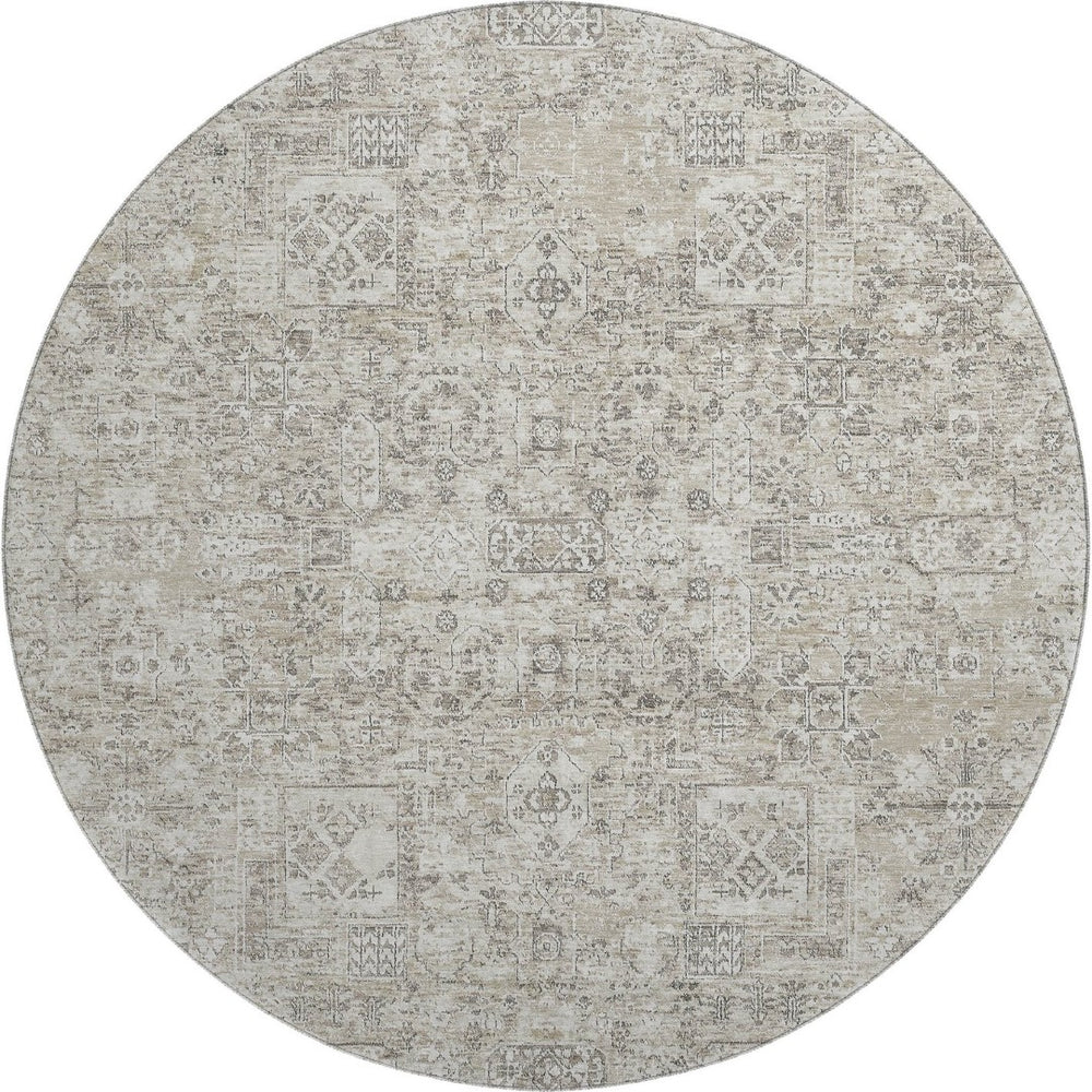 HomeRoots 8' Taupe and Ivory Floral Round Rug - Washable, Stain Resistant, UV Protected for High Traffic Areas 651223