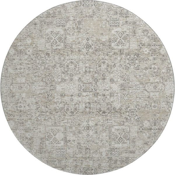 HomeRoots 8' Taupe and Ivory Floral Round Rug - Washable, Stain Resistant, UV Protected for High Traffic Areas 651223