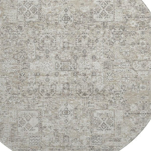 HomeRoots 8' Taupe and Ivory Floral Round Rug - Washable, Stain Resistant, UV Protected for High Traffic Areas 651223
