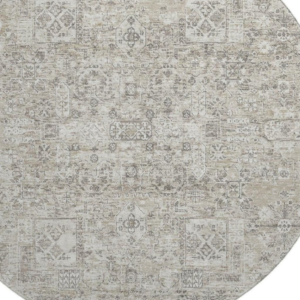 HomeRoots 8' Taupe and Ivory Floral Round Rug - Washable, Stain Resistant, UV Protected for High Traffic Areas 651223
