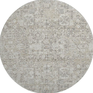 HomeRoots 8' Taupe and Ivory Floral Round Rug - Washable, Stain Resistant, UV Protected for High Traffic Areas 651223