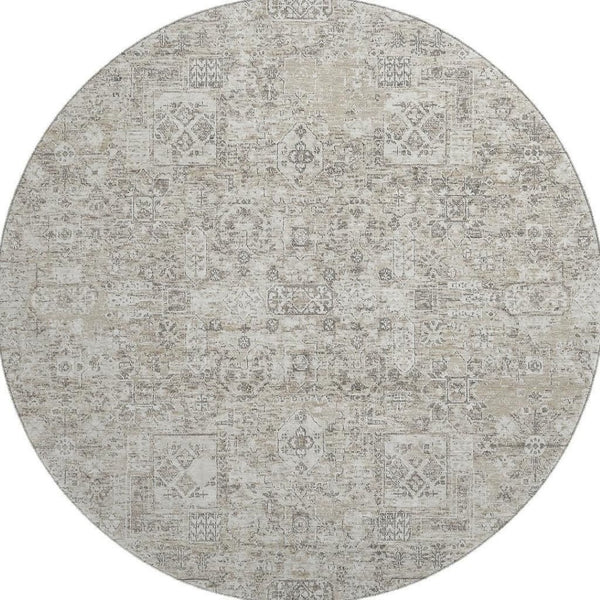 HomeRoots 8' Taupe and Ivory Floral Round Rug - Washable, Stain Resistant, UV Protected for High Traffic Areas 651223