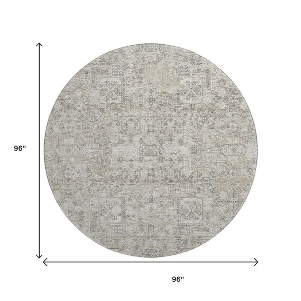 HomeRoots 8' Taupe and Ivory Floral Round Rug - Washable, Stain Resistant, UV Protected for High Traffic Areas 651223