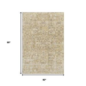 HomeRoots 5' X 8' Washable Floral Area Rug in Wheat Gray & Ivory - Stain-Resistant & UV Protected Design 651228