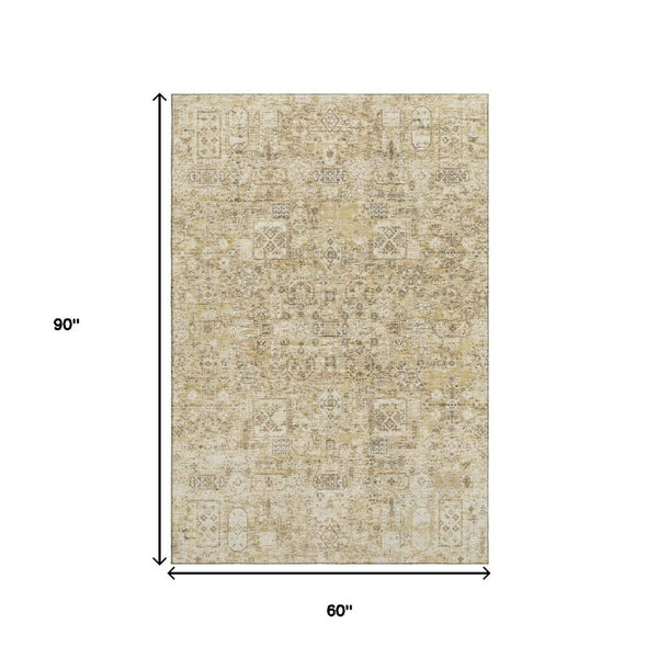 HomeRoots 5' X 8' Washable Floral Area Rug in Wheat Gray & Ivory - Stain-Resistant & UV Protected Design 651228