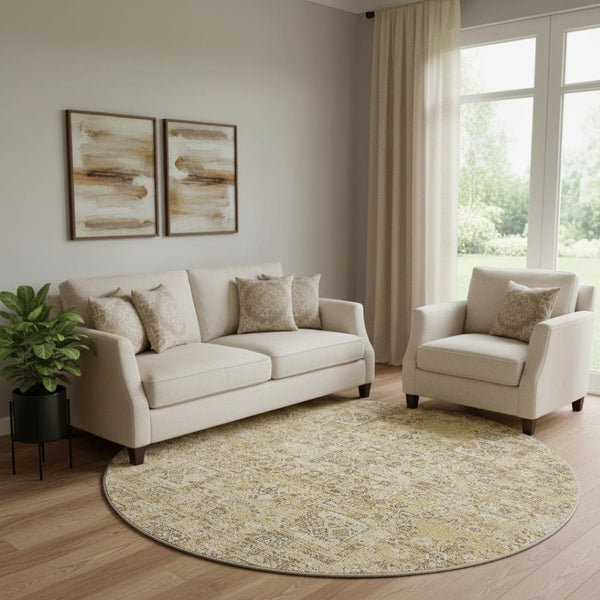 HomeRoots 8' Wheat Gray Floral Round Rug - Washable, UV-Protected, Stain-Resistant for High-Traffic Areas 651229