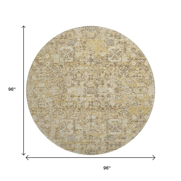 HomeRoots 8' Wheat Gray Floral Round Rug - Washable, UV-Protected, Stain-Resistant for High-Traffic Areas 651229