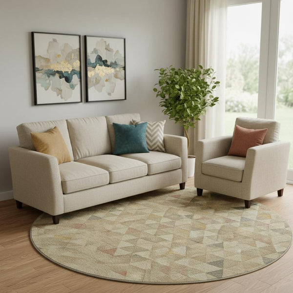 HomeRoots 8' Beige Red And Salmon Geometric Round Rug - Washable, UV Protected, Durable for Indoor & Outdoor Use 651235