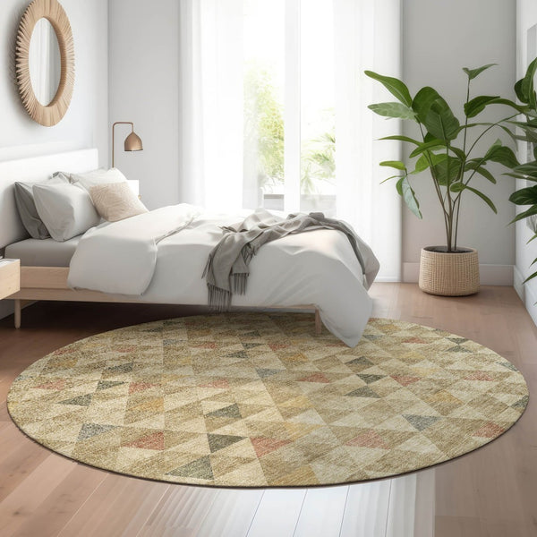 HomeRoots 8' Beige Red And Salmon Geometric Round Rug - Washable, UV Protected, Durable for Indoor & Outdoor Use 651235