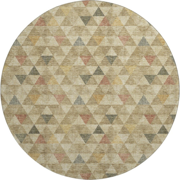 HomeRoots 8' Beige Red And Salmon Geometric Round Rug - Washable, UV Protected, Durable for Indoor & Outdoor Use 651235
