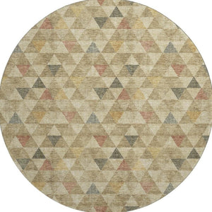 HomeRoots 8' Beige Red And Salmon Geometric Round Rug - Washable, UV Protected, Durable for Indoor & Outdoor Use 651235
