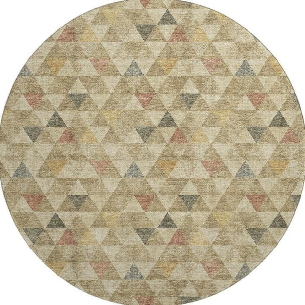 HomeRoots 8' Beige Red And Salmon Geometric Round Rug - Washable, UV Protected, Durable for Indoor & Outdoor Use 651235