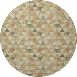 HomeRoots 8' Beige Red And Salmon Geometric Round Rug - Washable, UV Protected, Durable for Indoor & Outdoor Use 651235