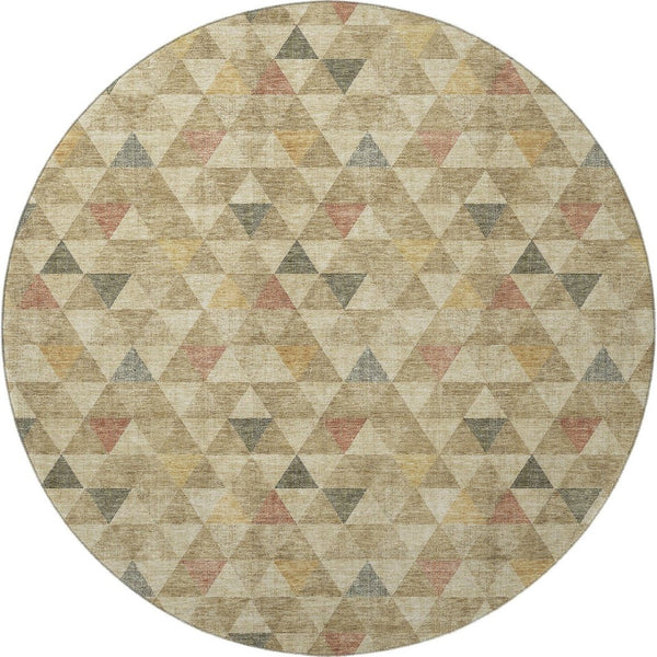 HomeRoots 8' Beige Red And Salmon Geometric Round Rug - Washable, UV Protected, Durable for Indoor & Outdoor Use 651235