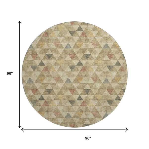 HomeRoots 8' Beige Red And Salmon Geometric Round Rug - Washable, UV Protected, Durable for Indoor & Outdoor Use 651235