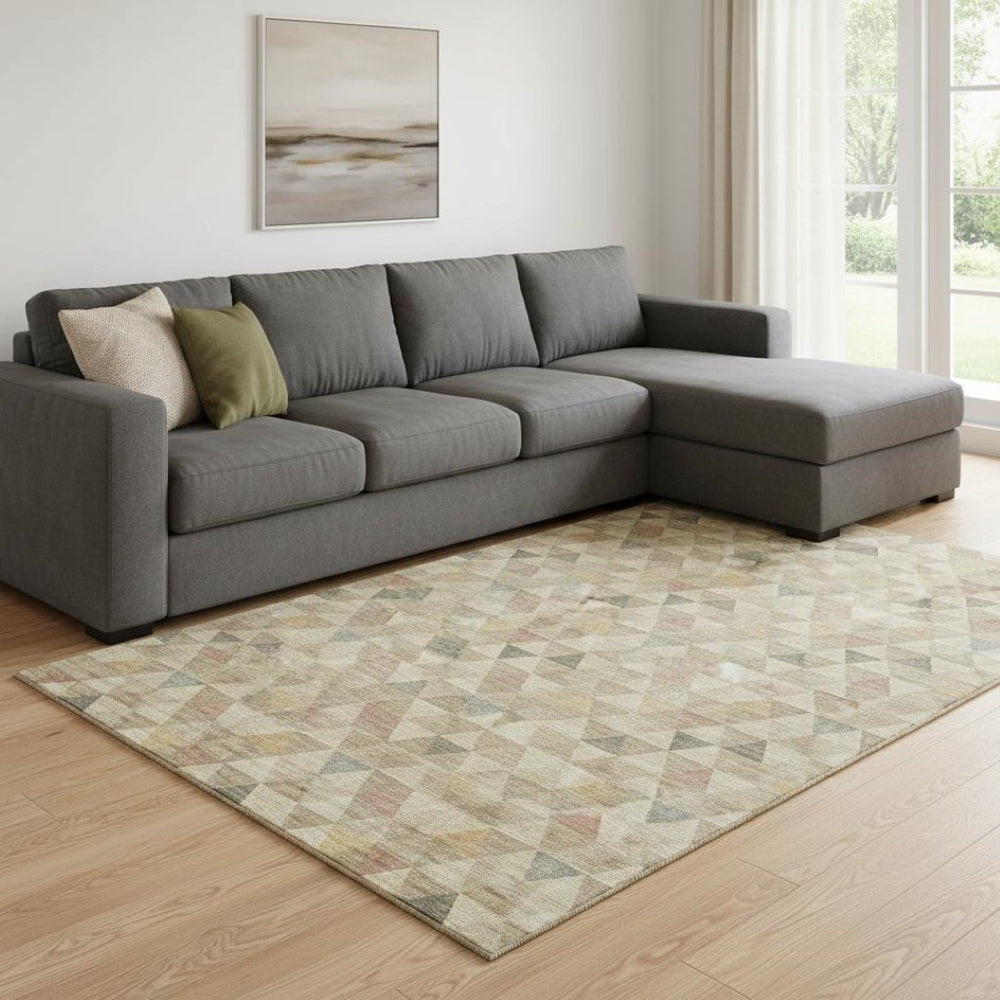 HomeRoots 8' X 10' Geometric Washable Area Rug in Beige, Red & Salmon - UV Protected, Stain Resistant, Soft Touch 651236