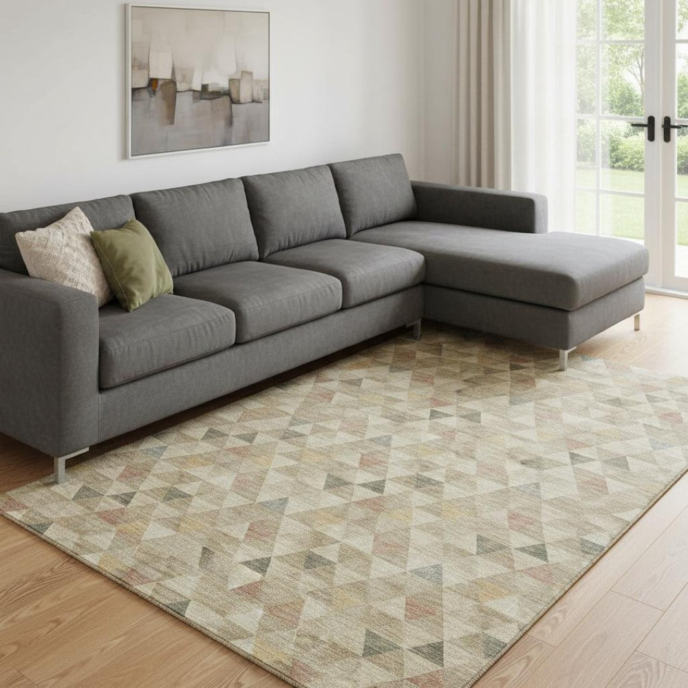 HomeRoots 10' Geometric Area Rug in Beige, Red & Salmon – Washable, UV-Protected, Durable for Busy Homes 651238