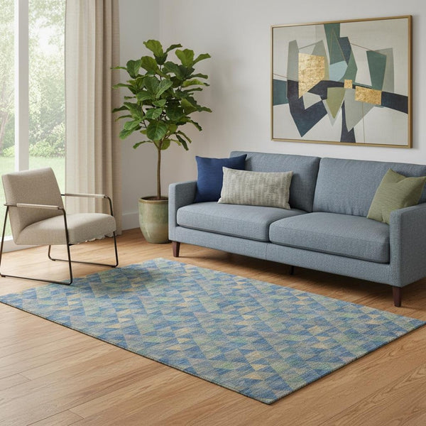 HomeRoots 5' X 8' Washable Blue Gold Gray Geometric Area Rug – UV Protected, Kid & Pet Friendly Design! 651240