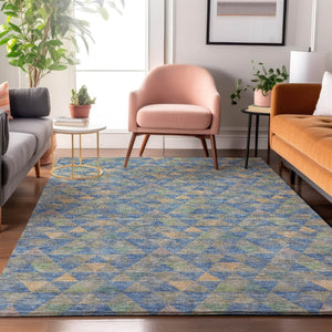 HomeRoots 5' X 8' Washable Blue Gold Gray Geometric Area Rug – UV Protected, Kid & Pet Friendly Design! 651240