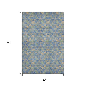 HomeRoots 5' X 8' Washable Blue Gold Gray Geometric Area Rug – UV Protected, Kid & Pet Friendly Design! 651240