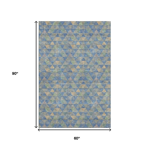 HomeRoots 5' X 8' Washable Blue Gold Gray Geometric Area Rug – UV Protected, Kid & Pet Friendly Design! 651240