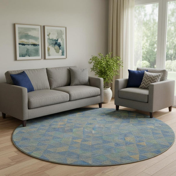 HomeRoots 8' Stylish Blue Gold & Gray Geometric Washable Round Rug - UV Protected, Stain Resistant & Durable! 651241