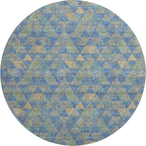 HomeRoots 8' Stylish Blue Gold & Gray Geometric Washable Round Rug - UV Protected, Stain Resistant & Durable! 651241