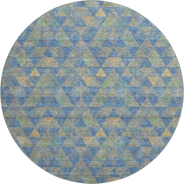 HomeRoots 8' Stylish Blue Gold & Gray Geometric Washable Round Rug - UV Protected, Stain Resistant & Durable! 651241