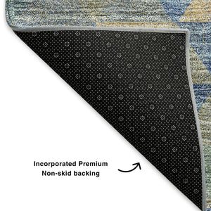 HomeRoots 8' Stylish Blue Gold & Gray Geometric Washable Round Rug - UV Protected, Stain Resistant & Durable! 651241