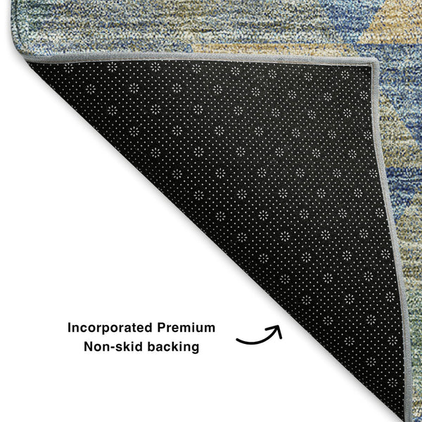 HomeRoots 8' Stylish Blue Gold & Gray Geometric Washable Round Rug - UV Protected, Stain Resistant & Durable! 651241